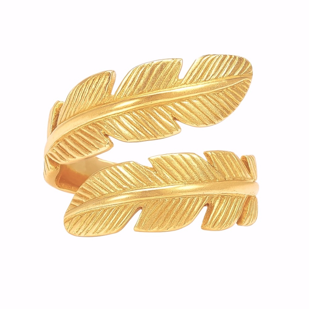 Gold Feather Wrap Ring - Adjustable Open Band Nature Ring